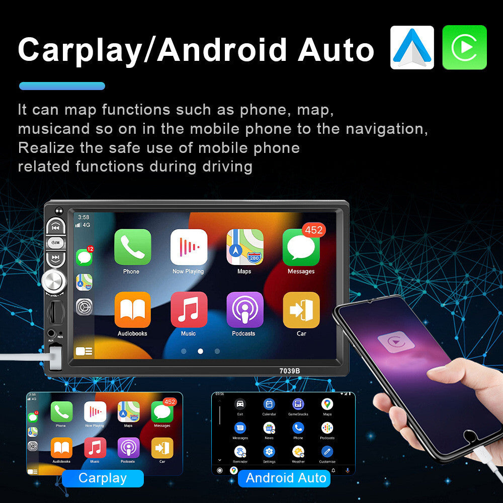 Car 7in Radio For Apple Carplay Android Auto Bluetooth FM Stereo SWC Bluetooth