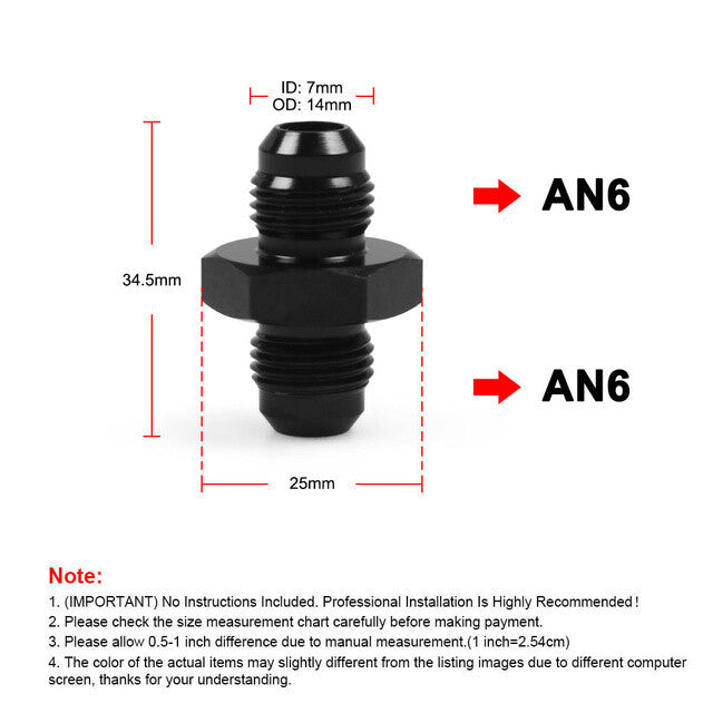 1-Pack - 6 AN Male Flash Connector to - 6 AN Male Flash Connector Coupler Accessories Black Aluminum