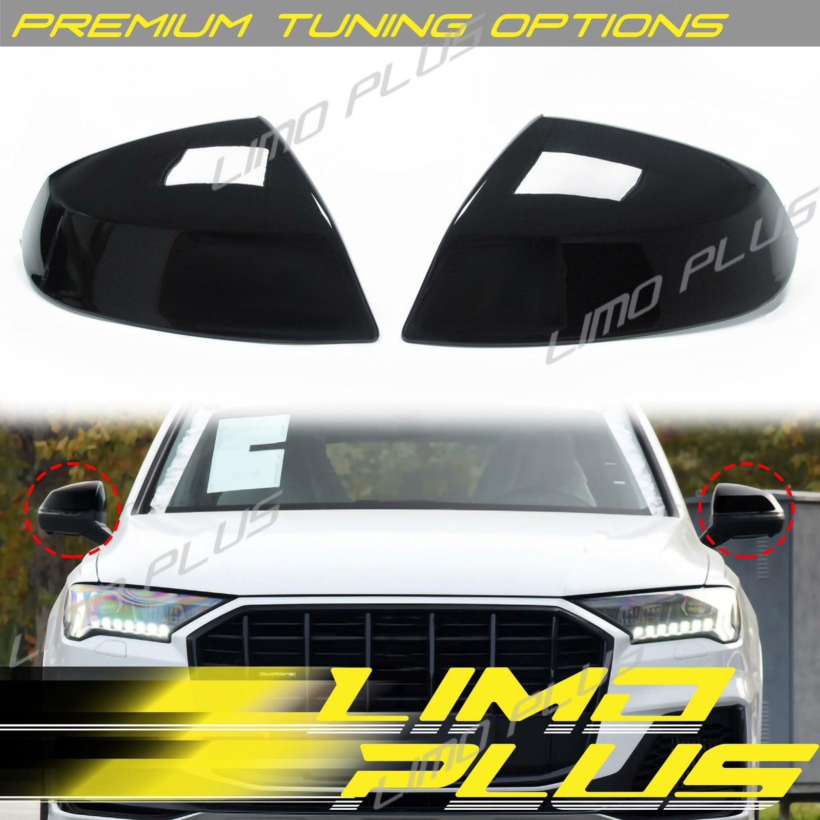 Gloss Black Mirror Cover Caps for Audi Q5 SQ5 Q7 SQ7 With Lane Assist 2018-2024