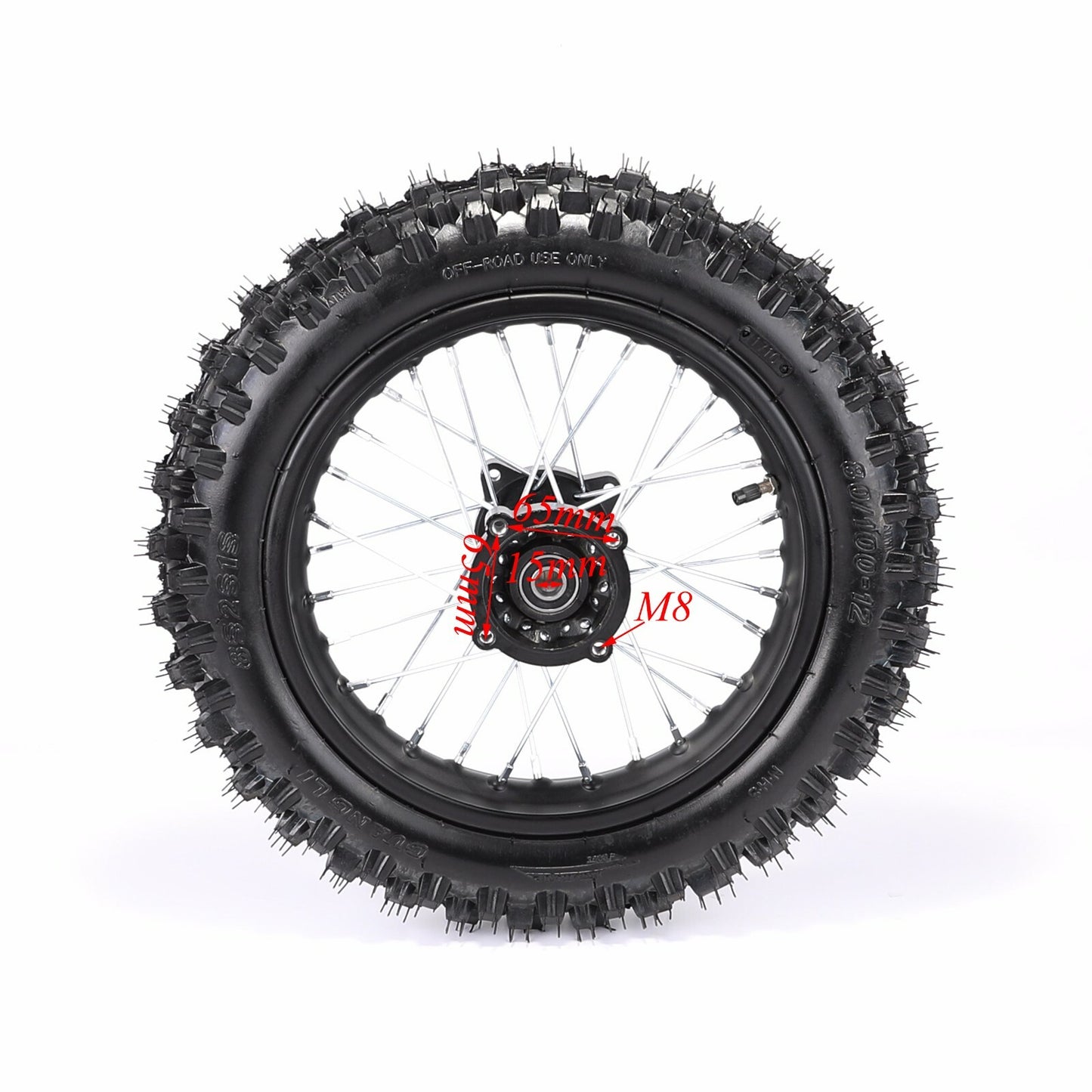 12-inch rear wheel with 80/100-12 tire and rim suitable for Dirt Pit SSR bicycles 70cc, 110cc, and 125cc Atomik