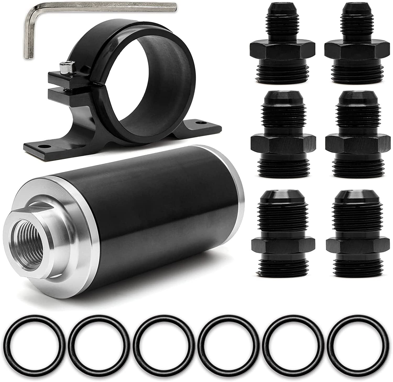 Aluminum straight-through fuel filter with support, cleans up to 100 microns, suitable for AN6, AN8, AN10