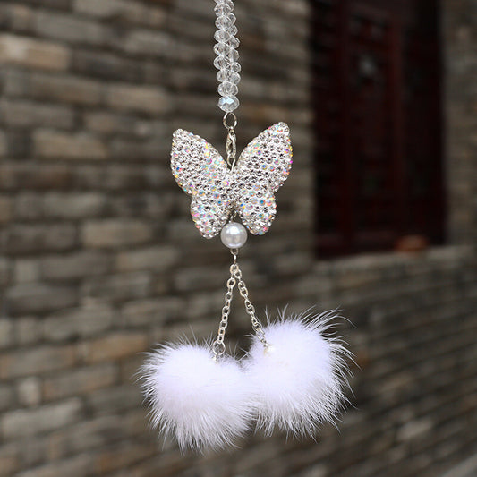 Bling Butterfly Car Hanging Decor Shiny Diamond Car Rear View Mirror Charm White