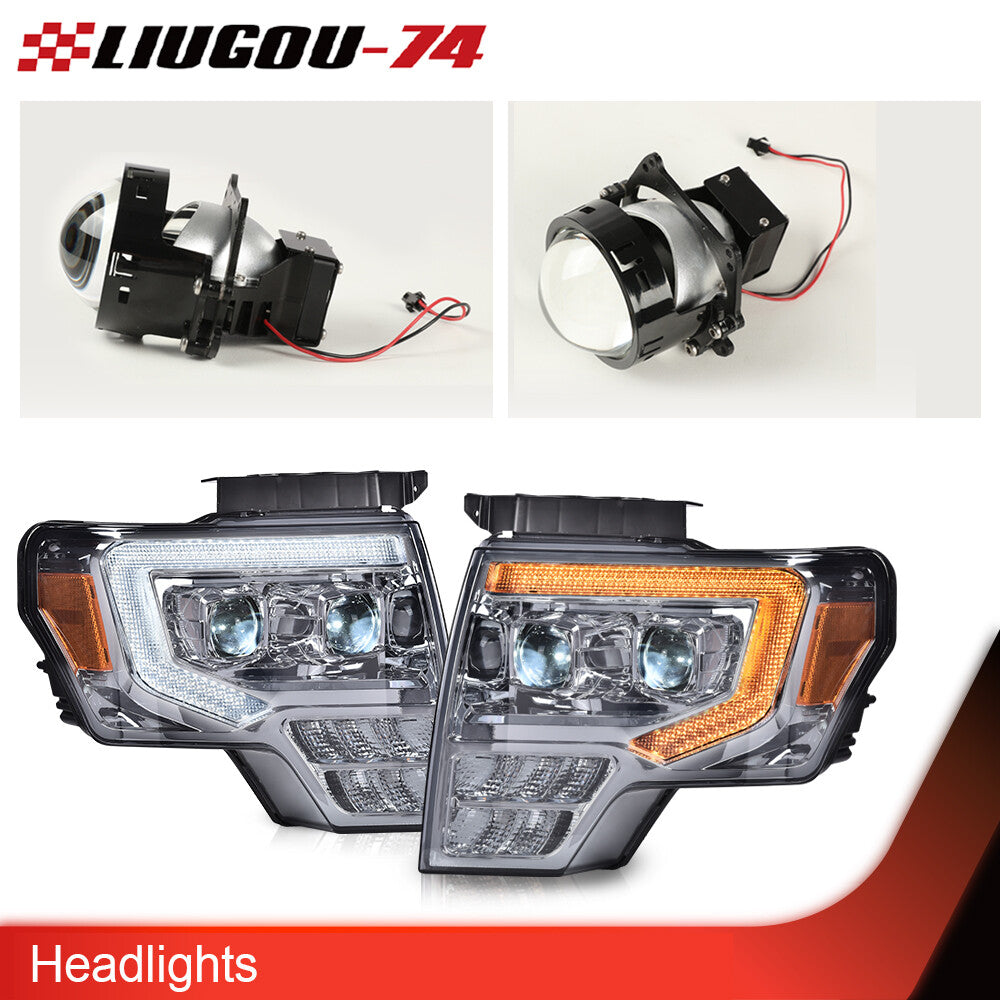 Suitable for 09-14 for Ford F150 smoked lens dual LED DRL tube projector headlights (pair).