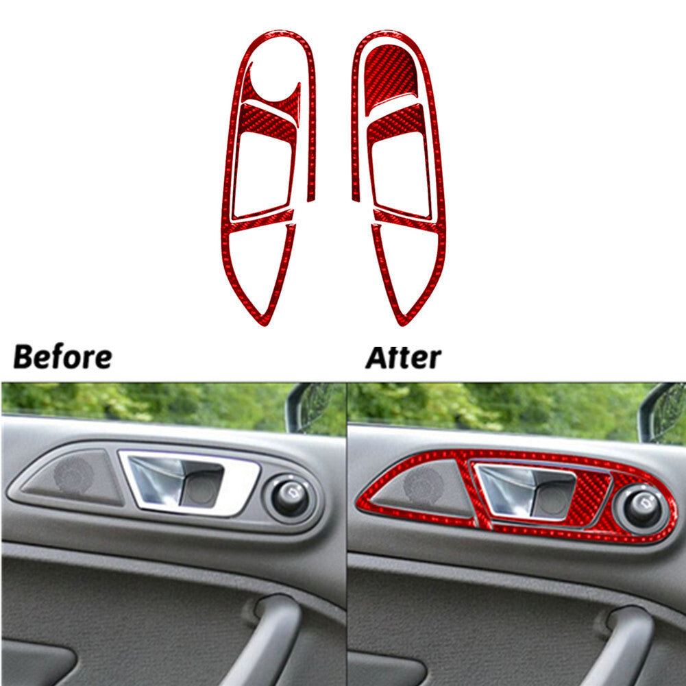 6Pcs Red Carbon Fiber Front Door Handle Cover Trim for Ford Fiesta 2011-2015