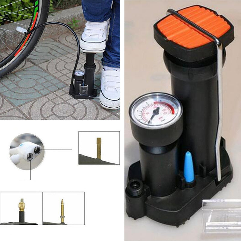 Motorcycle Foot Pedal Air Inflato Pump Wheel Tire Pressure Gauge Cycling Tool BK