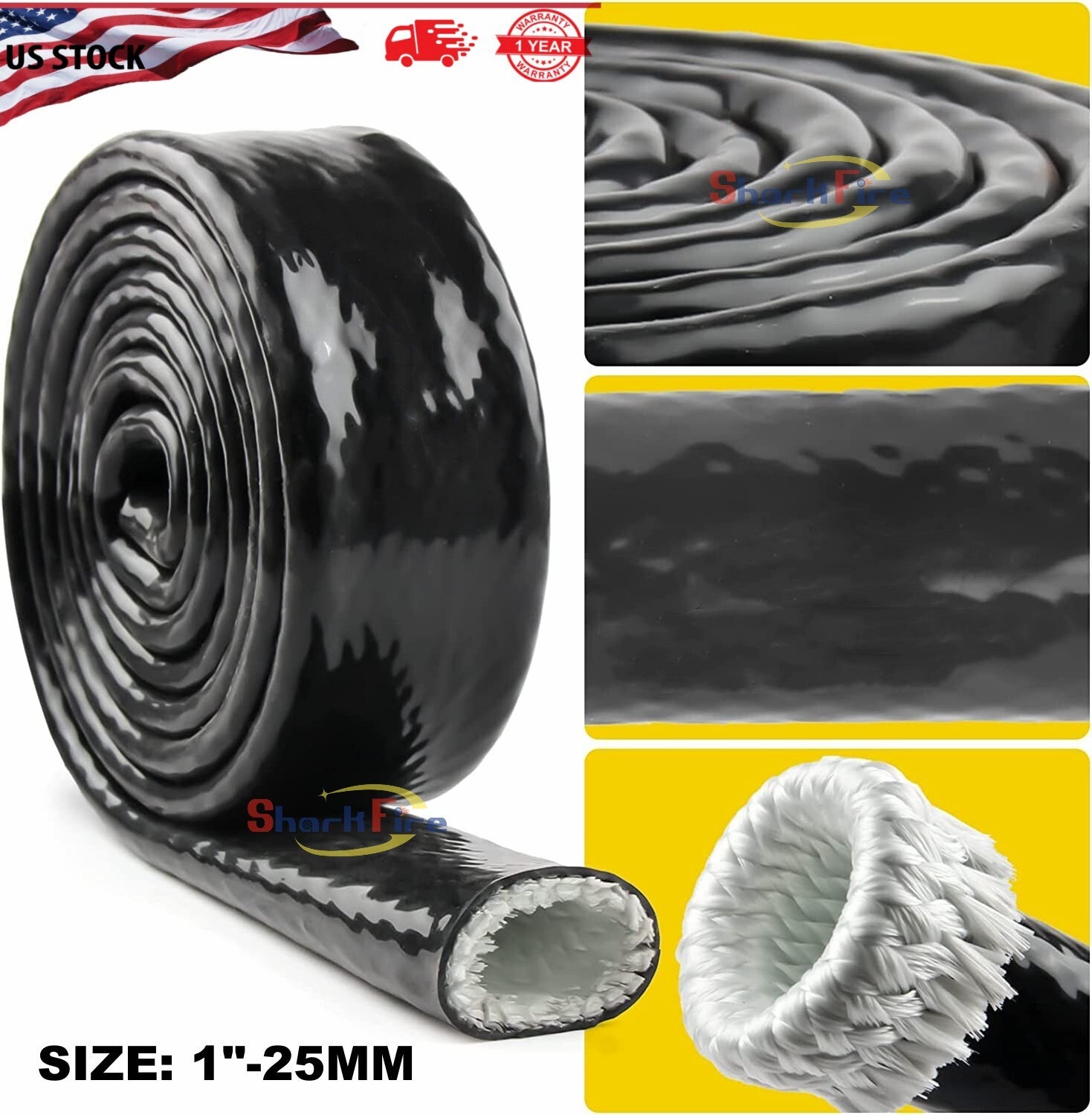 1-inch ID-25mm heat shield, fire-retardant silicone rubber coated woven fiberglass, black.