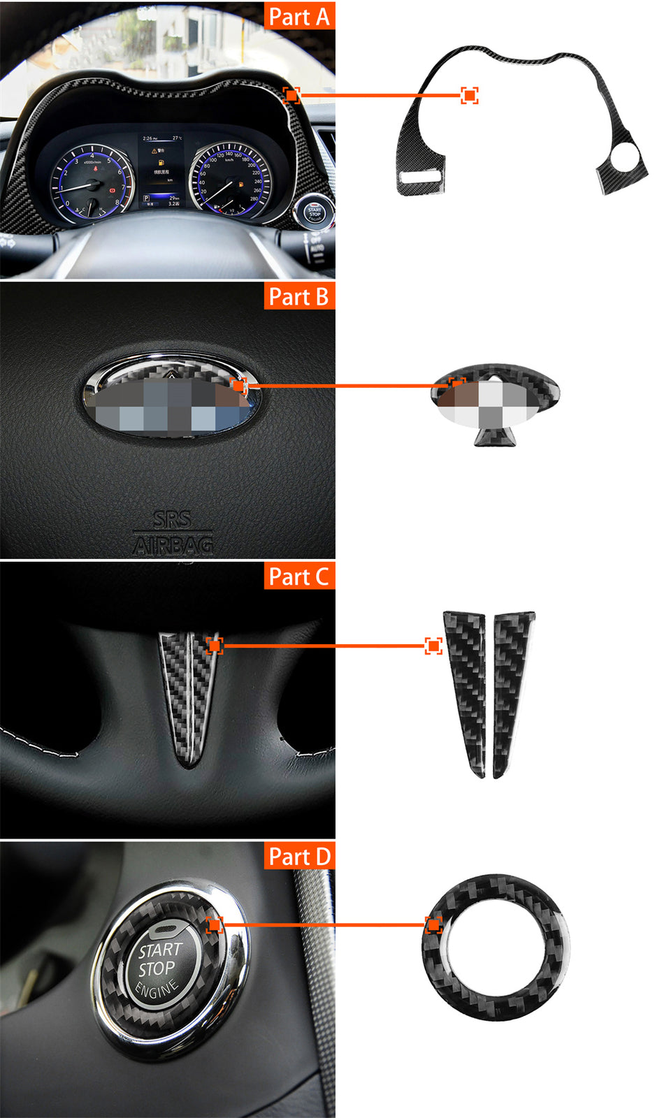 for Infiniti Q50/60 2014+Carbon Fiber Dashboard Steering Wheel Start Button Trim