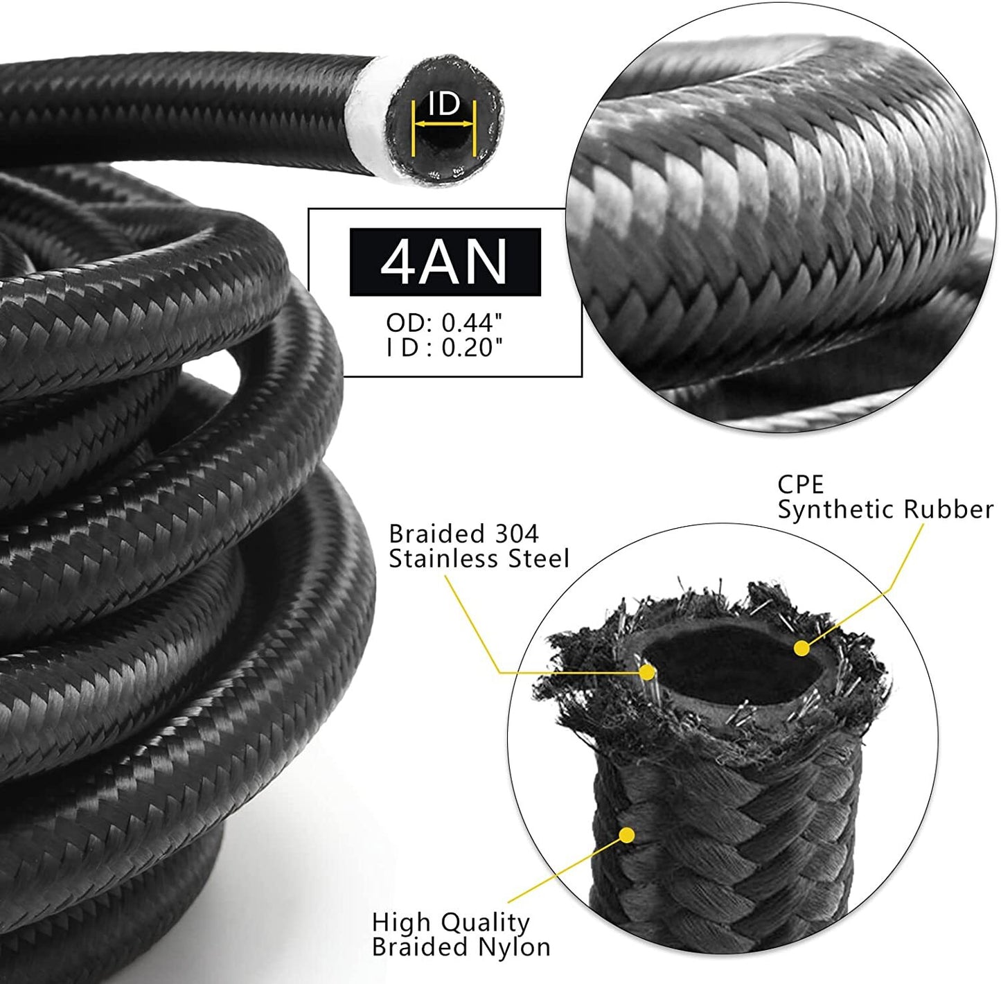 20-foot 4AN black nylon and stainless steel braided fuel hose fuel line