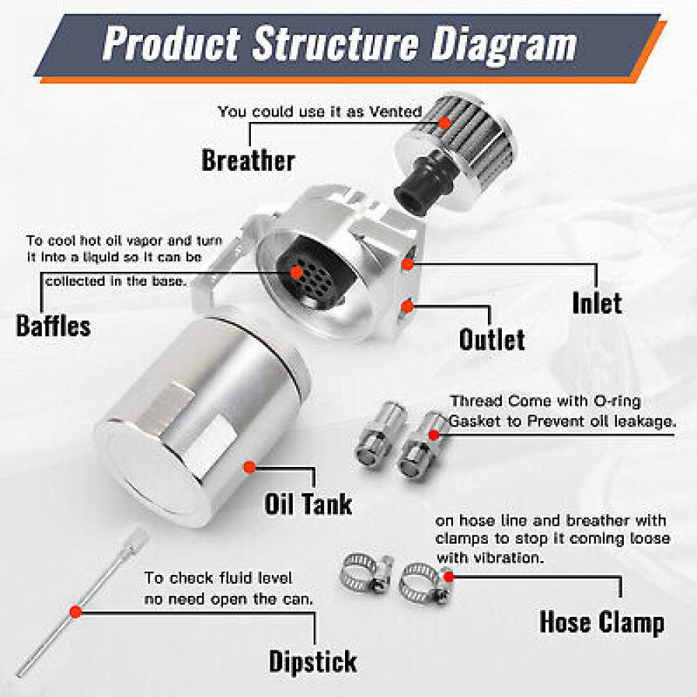 Oil Catch Can Kit 300ML Tank Baffled Reservoir Breather Filter Universal Silver