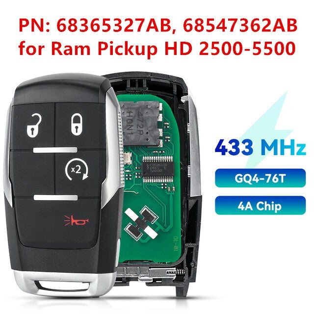 Uncut for Smart Key FOB 4-Button for 2019-22 for RAM Pickup 2500-5500 Heavy Duty GQ4-76T