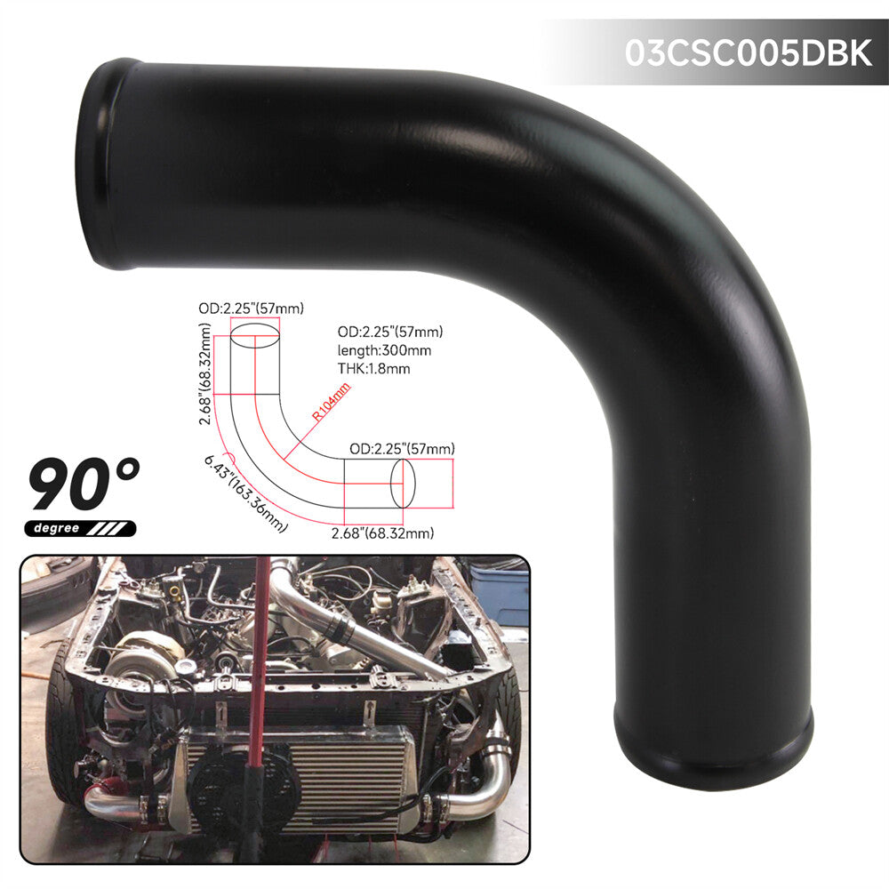 90 Degree 57mm 2.25 Aluminum Intercooler Intake Pipe Piping Tube Hose Black