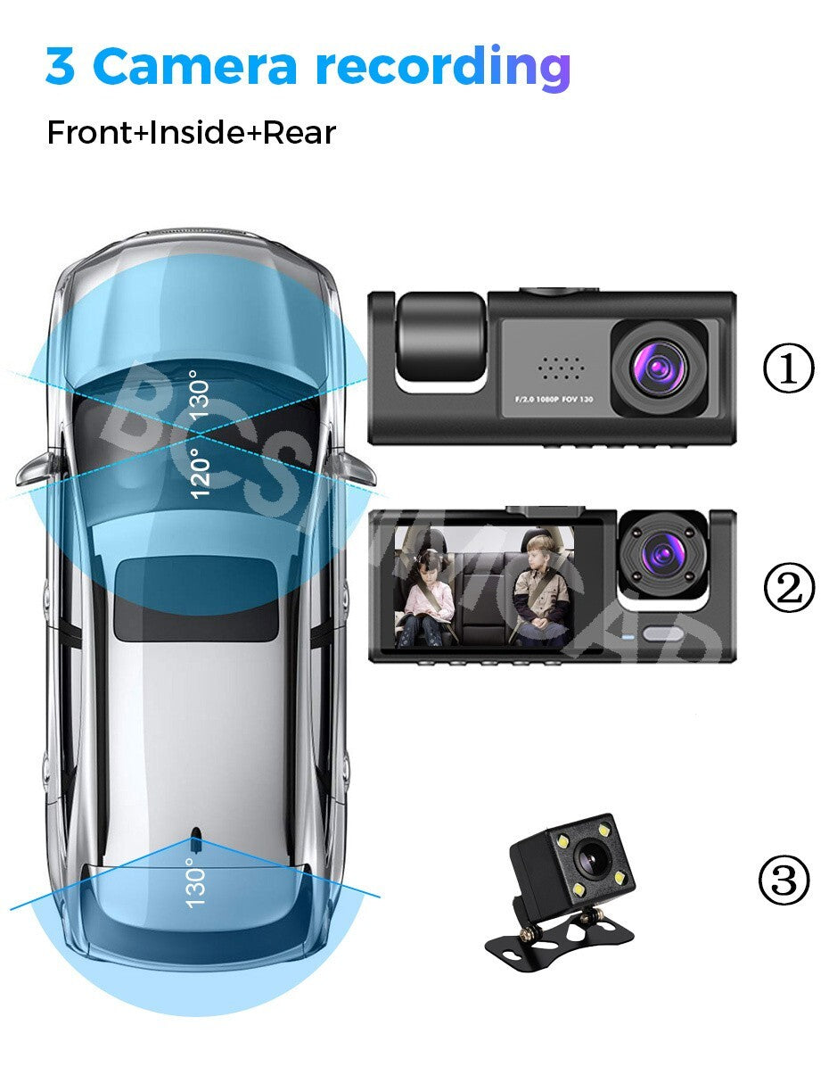 2in Full HD Dash Cam Car DVR Front Inside Rear Camera Night Vision G-sensor