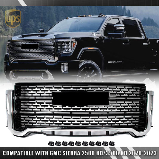 CHROME BLACK Bumper Grille Denali Style for GMC for Sierra 2500 HD/3500 HD 2020-23