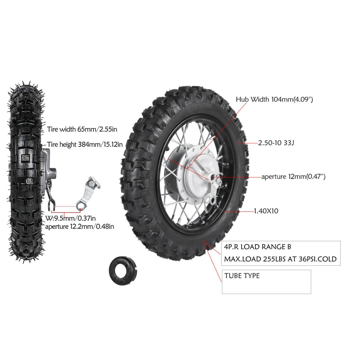2.50 - 10 front tire rim for 70cc and 110cc Pit Dirt bicycles TTR50, PW50, CRF50, XR50