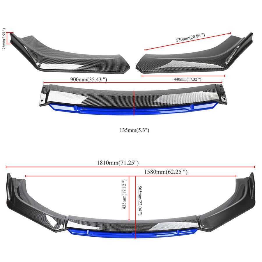 4Pcs Front Bumper Splitter Lip Diffuser Spoiler Body Kit Carbon Fiber Style+Blue