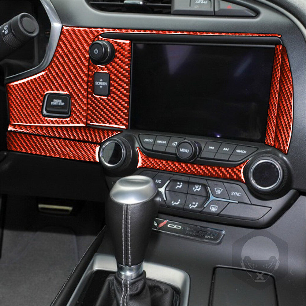 Red Carbon Fiber Center Console GPS Navigation Panel Cover for Corvette C7 14-19