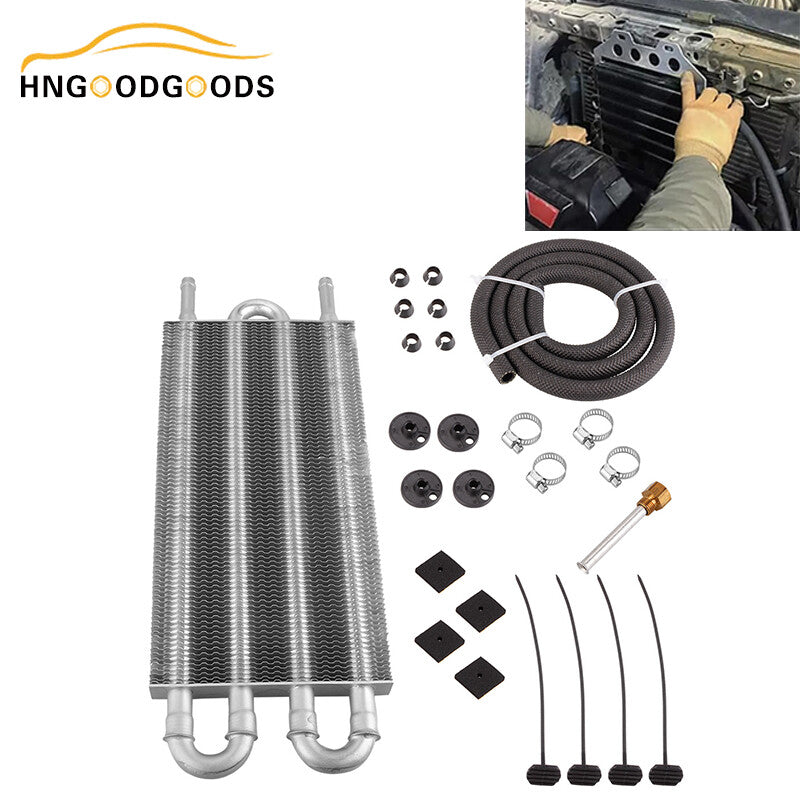 Universal 5/16-inch Transmission Oil Cooler Kit with 4-line/4-pass pipes and fins in silver.