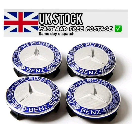 4-piece blue alloy wheel center caps 75mm ABCESM grade ML CLA GLA