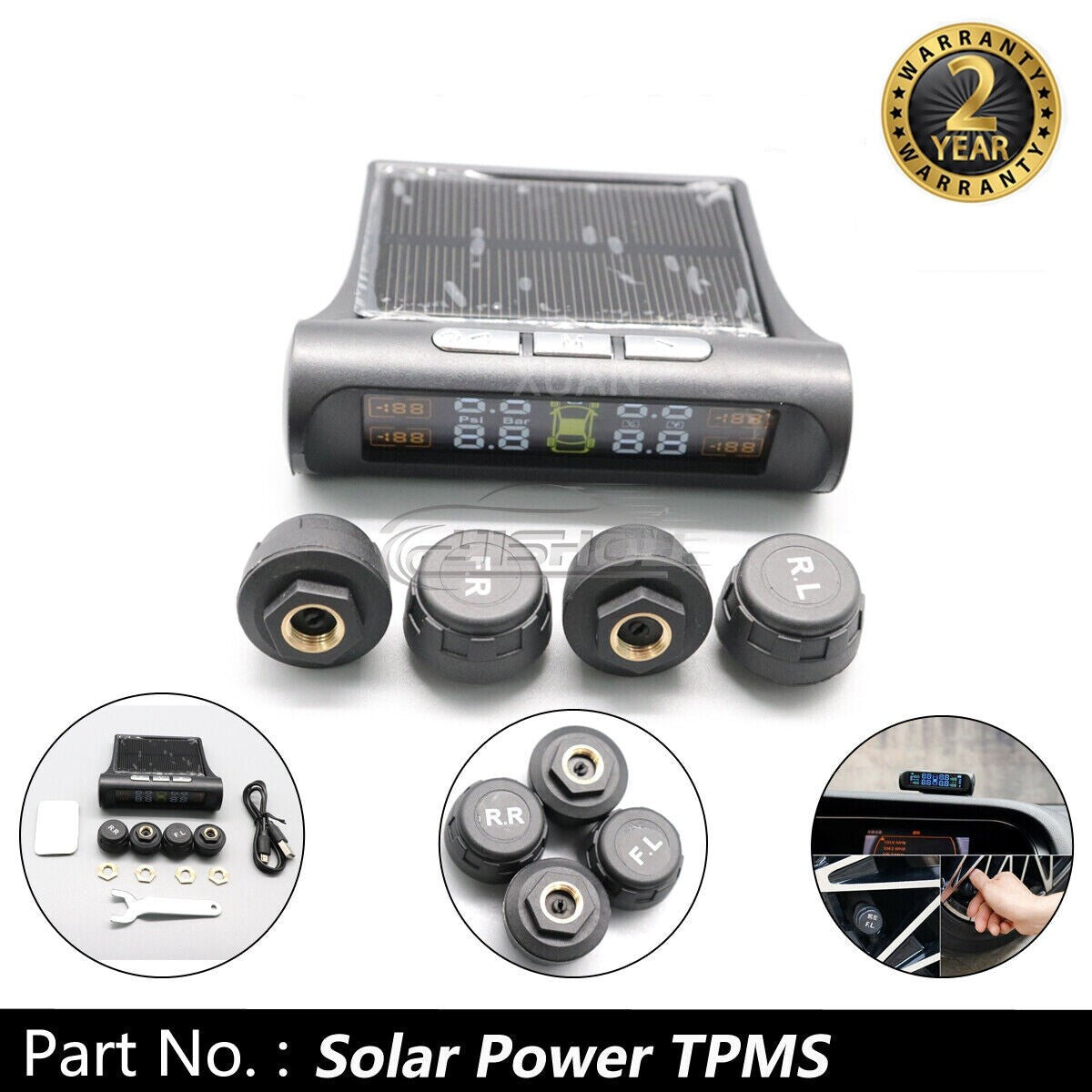 Tire Pressure Monitoring System with USB + Solar-Powered Wireless Automotive TPMS LCD Screen and 4 External Sensors