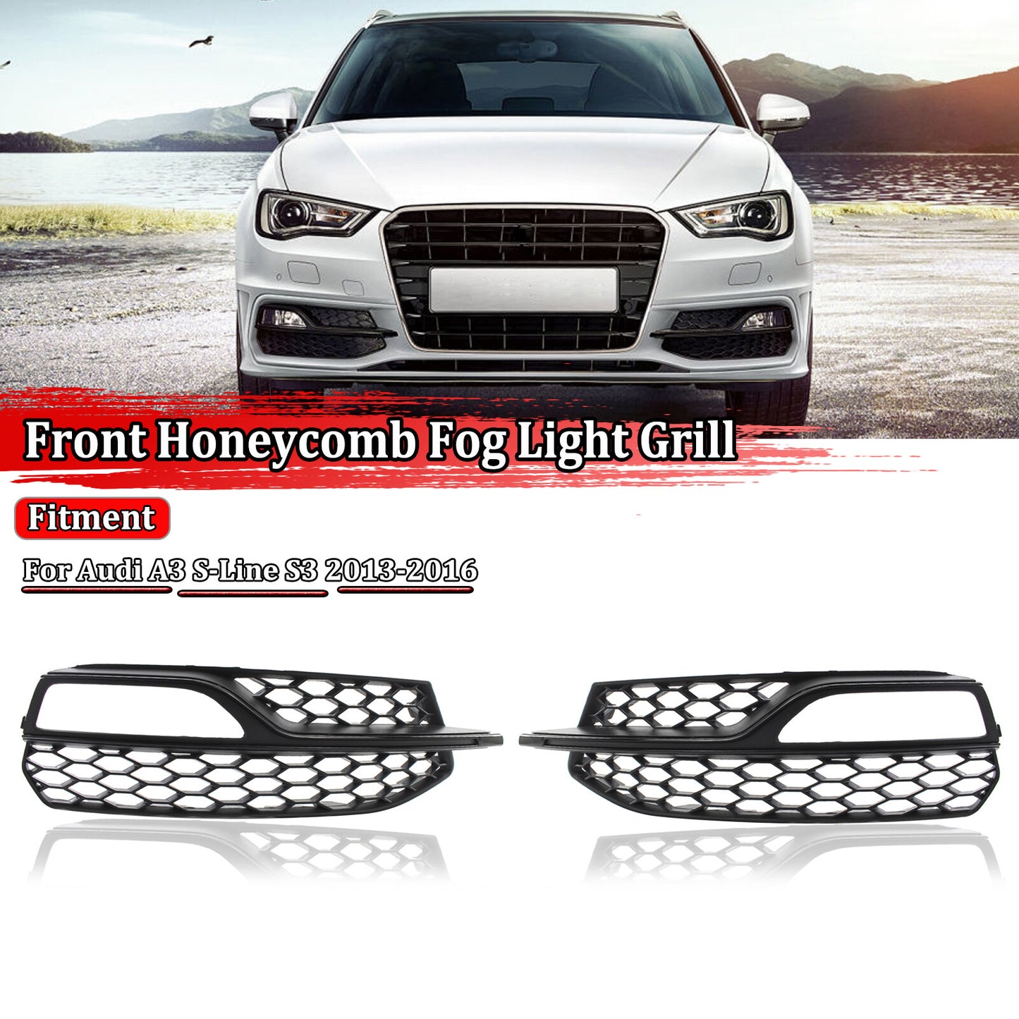 2-Piece Front Bumper Fog Light Grill Covers for 2013-2016 for Audi A3 S Series S3 Honeycomb