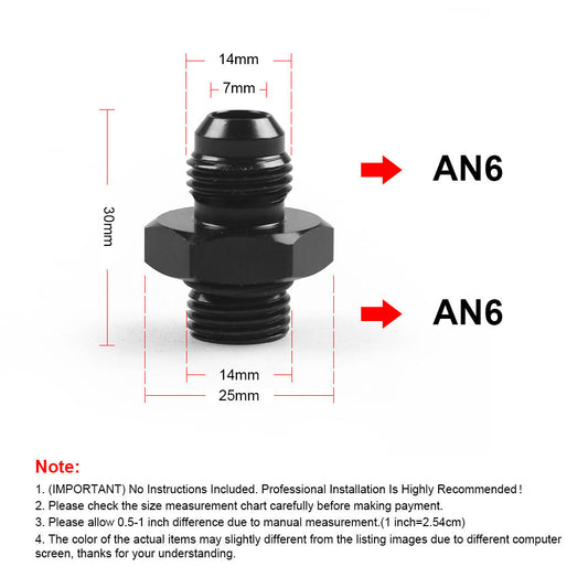 2-Pack ORB-6 O-ring Boss AN6 6AN to AN6 6AN Male Adapter Accessories Black Aluminum