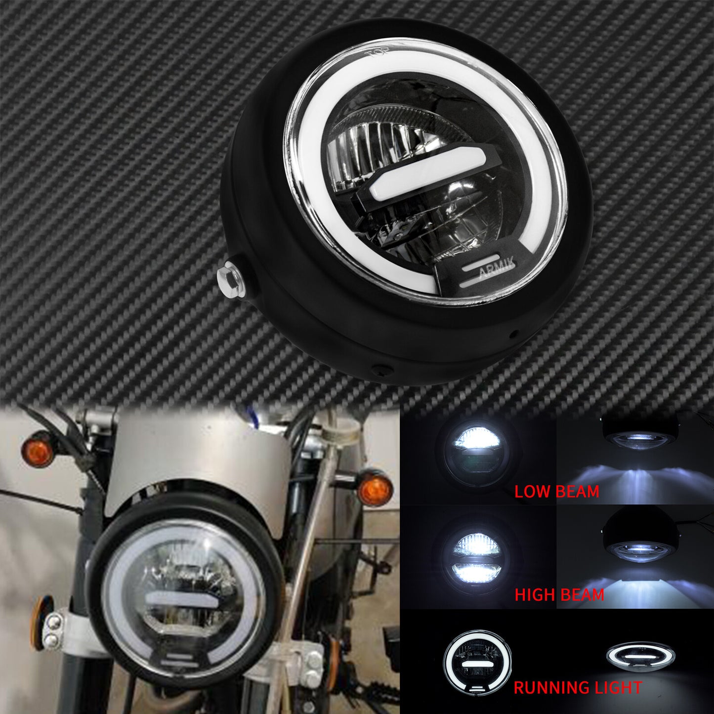 6.5 Universal Motorcycle Black LED Halo Headlight Fit for Harley Bobber XL1200