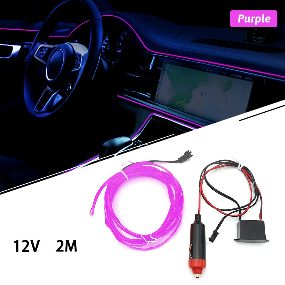 2M Car Interior LED Neon Light Decor Atmosphere EL Wire String Strip Lamp Purple