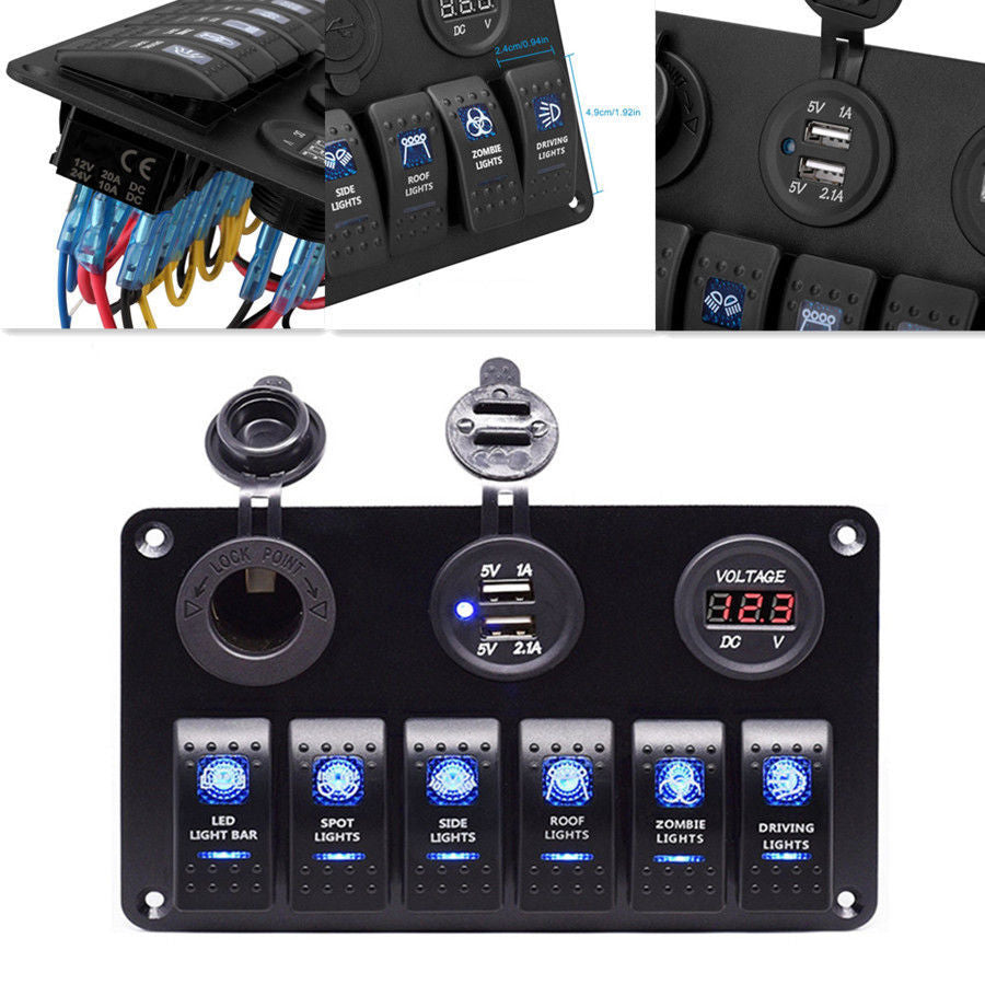 12V Car 6Gang Rocker Button Panel with Digital Voltmeter USB Charger Adapter LED
