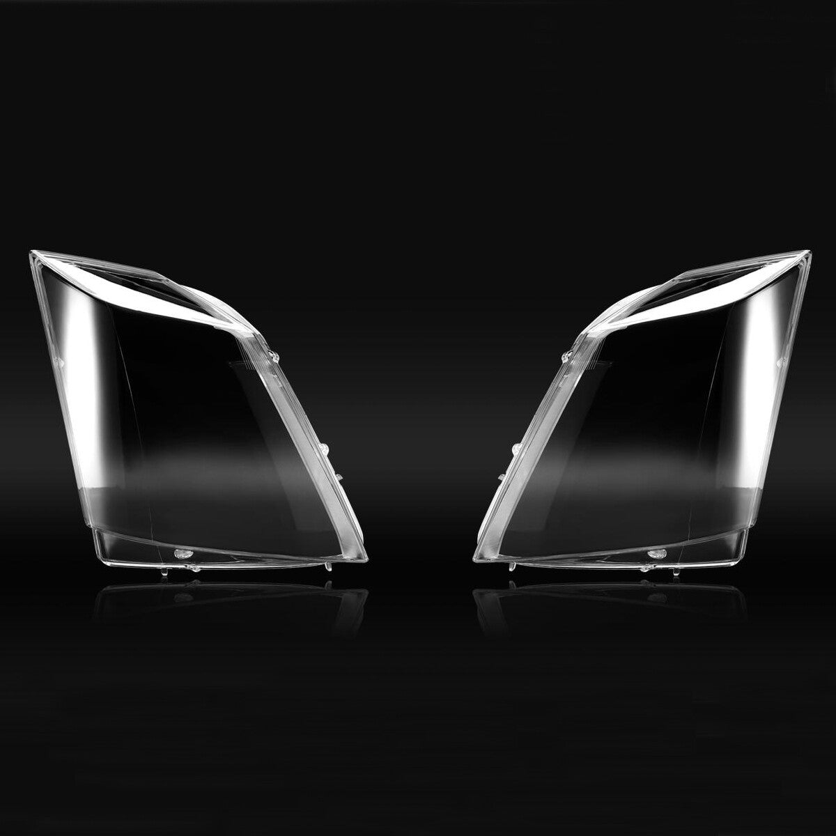Two-piece headlight lens housing protective covers for Cadillac CTS 2008-13 with transparent lens covers.