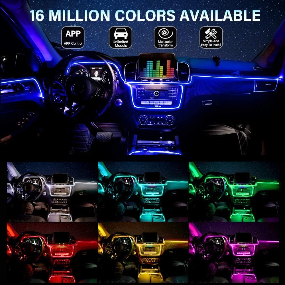 6M RGB LED Car Interior Fiber Optic Neon EL Wire Strip Atmosphere Light Kit APP