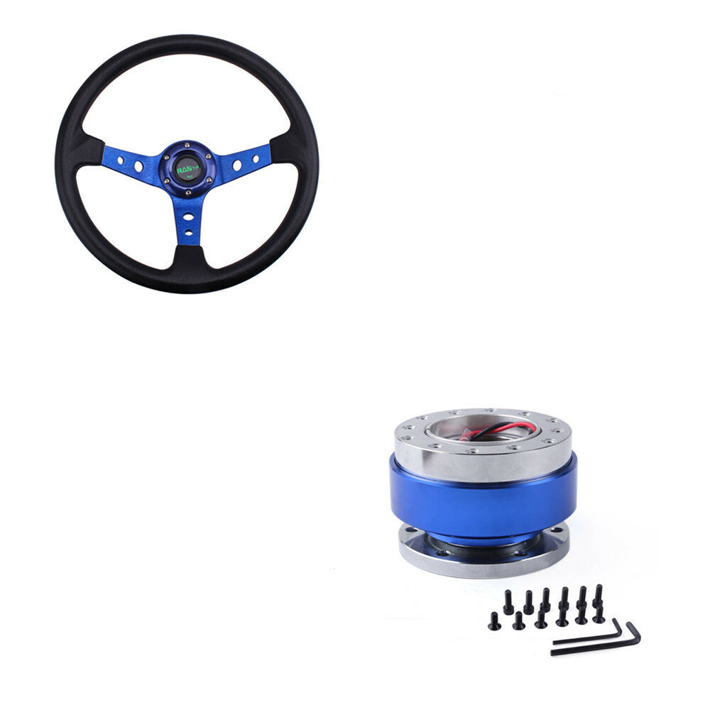 14 6 Hole Drifting Racing Steering Wheel +Quick Release Adapter Blue Aluminum