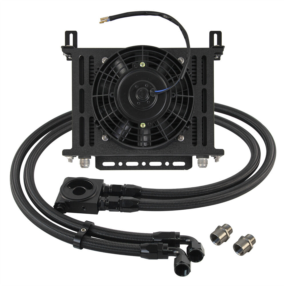 Universal 28 Row AN10 Thermostatic 73 Degree Oil Cooler Kit+7'' Fan w/Bracket
