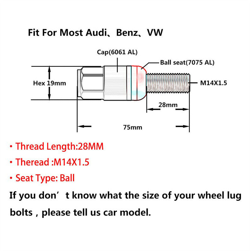 20-piece black M14x1.5 wheel lug bolt ball for seat stud set, 28mm shank, suitable for Audi , for Volkswagen , for Mercedes-Benz .