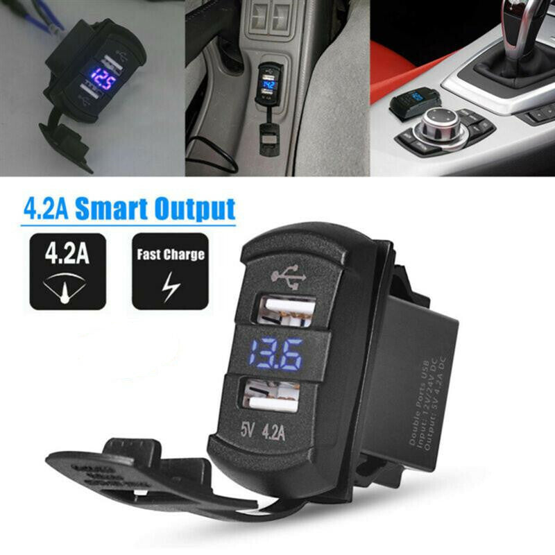 12VCar Blue LED Dual USB Charger Digital Socket Digital Display Voltmeter Outlet