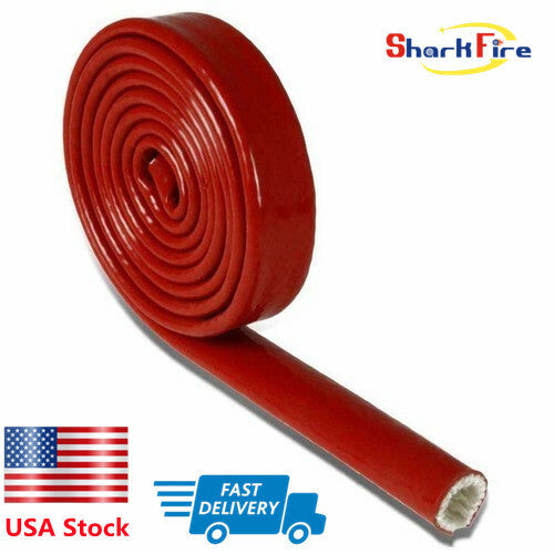 Red 3-foot fireproof woven flame insulation cover, 3/4 inch, suitable for 10AN oil fuel line.