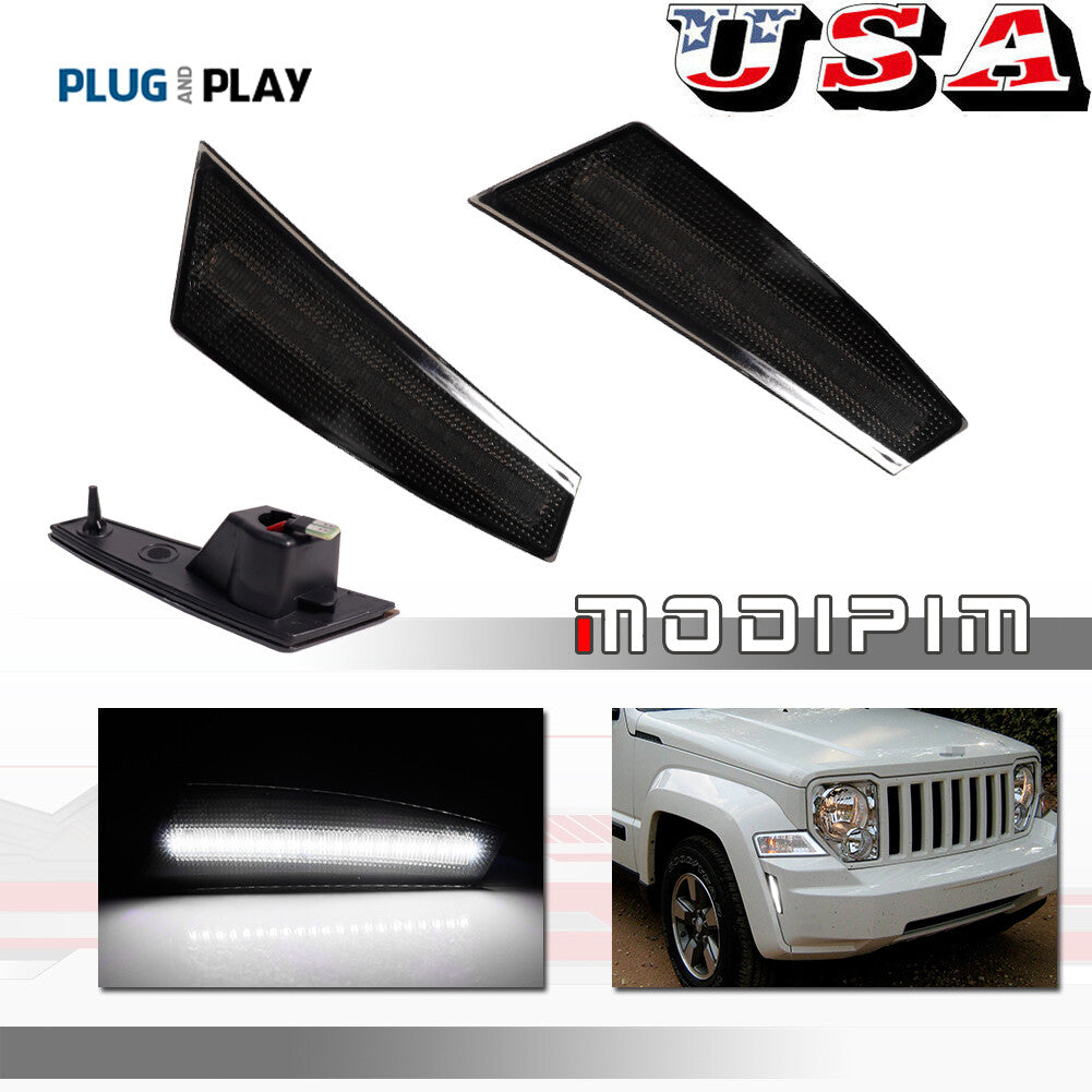 A pair of smoked lens white LED front bumper side marker lights for 08-12 for Jeep Liberty