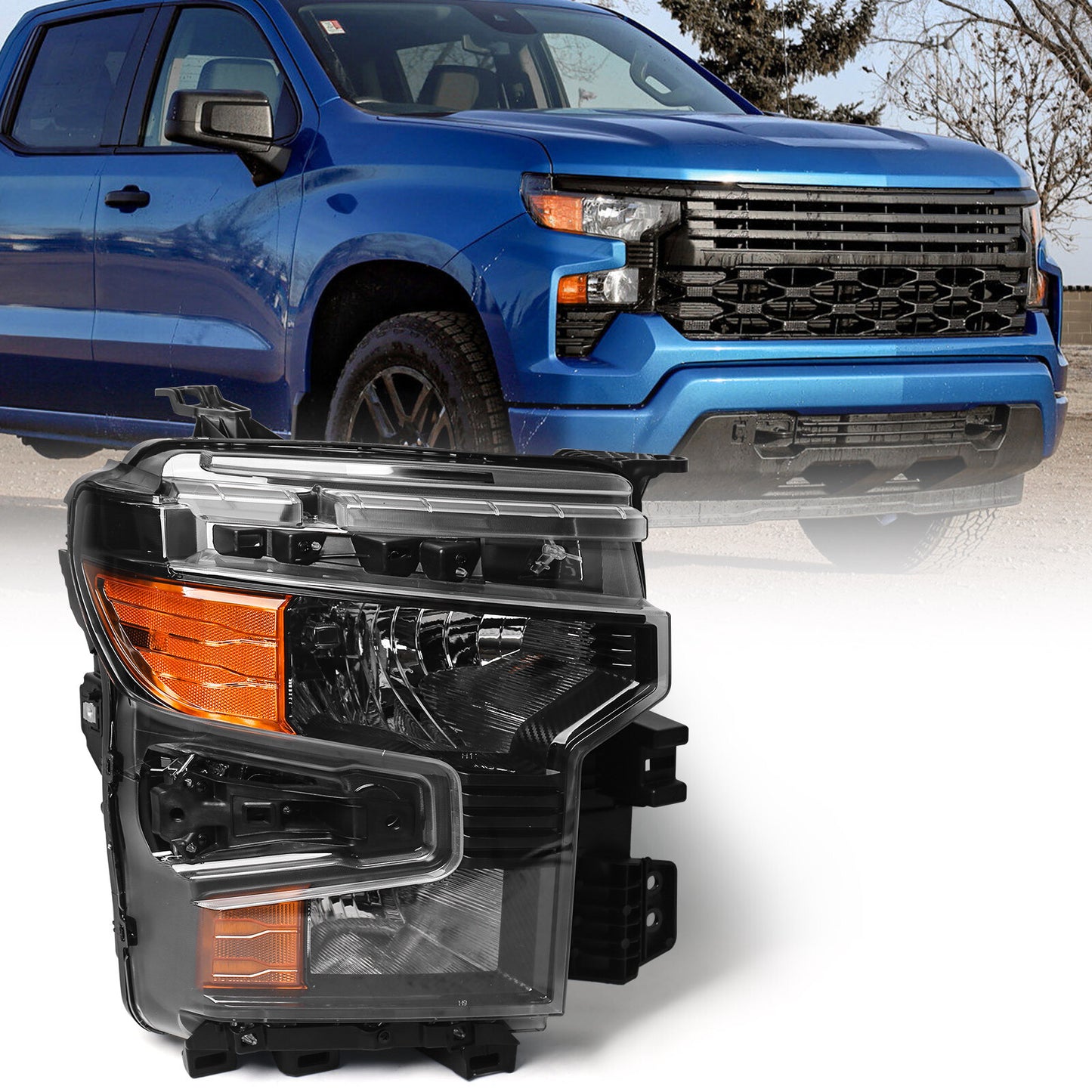 Applicable to 2022-2024 for Chevrolet Silverado 1500 halogen headlights with black trim on the passenger side.