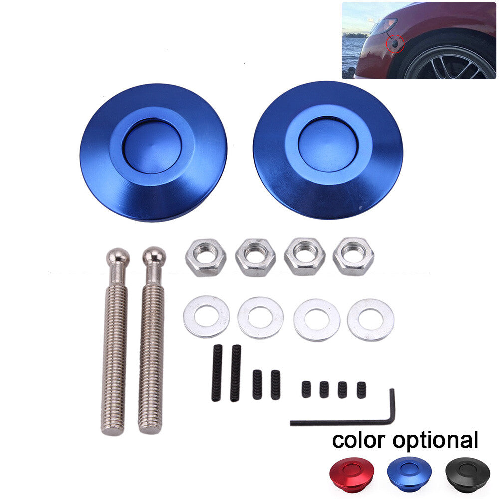 Blue Push Button Billet Round Hood Pins Lock Clip Kit Engine Bonnets Lock