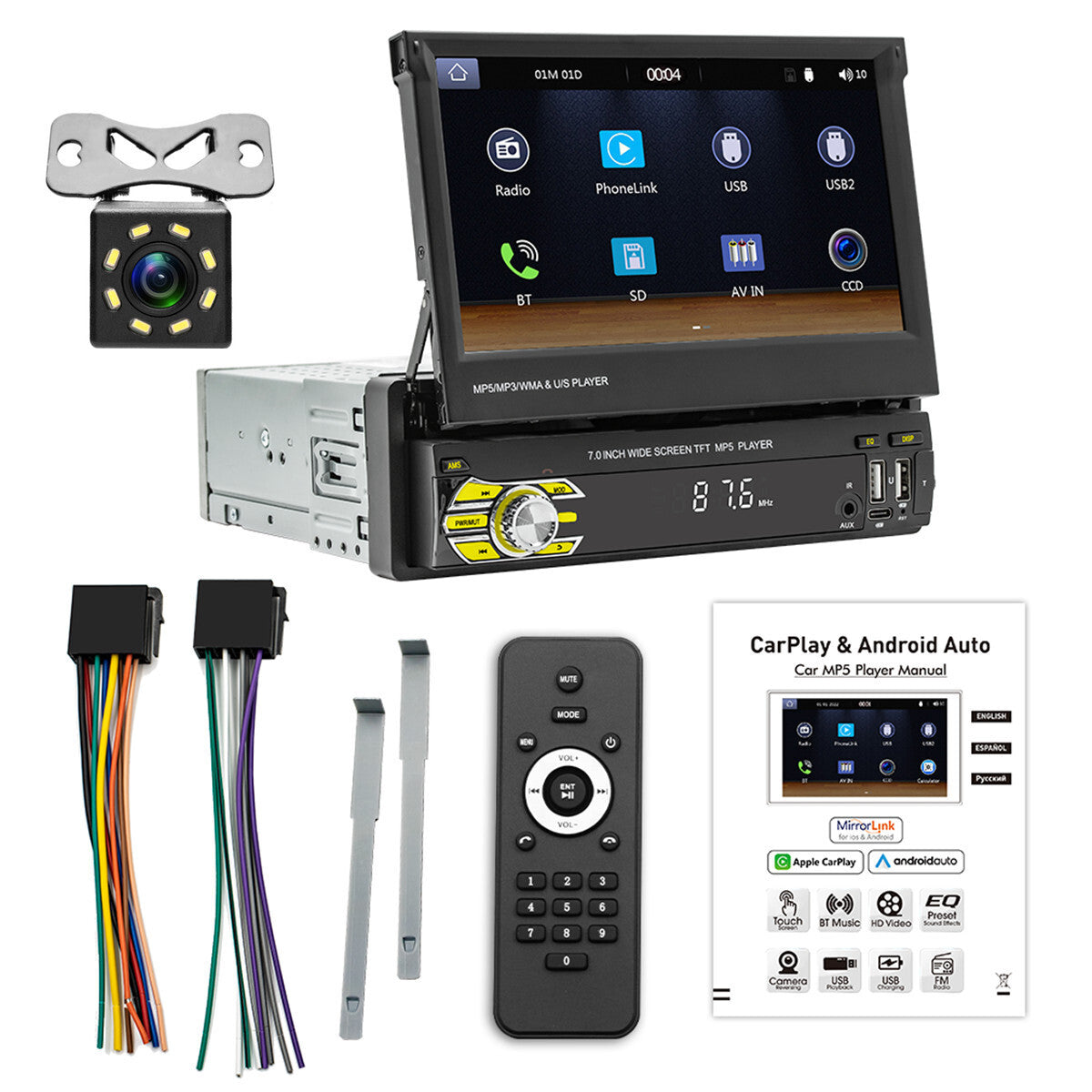 Single Din 7in For Apple Carplay Car Stereo Radio Head Unit AUX W/Free Camera
