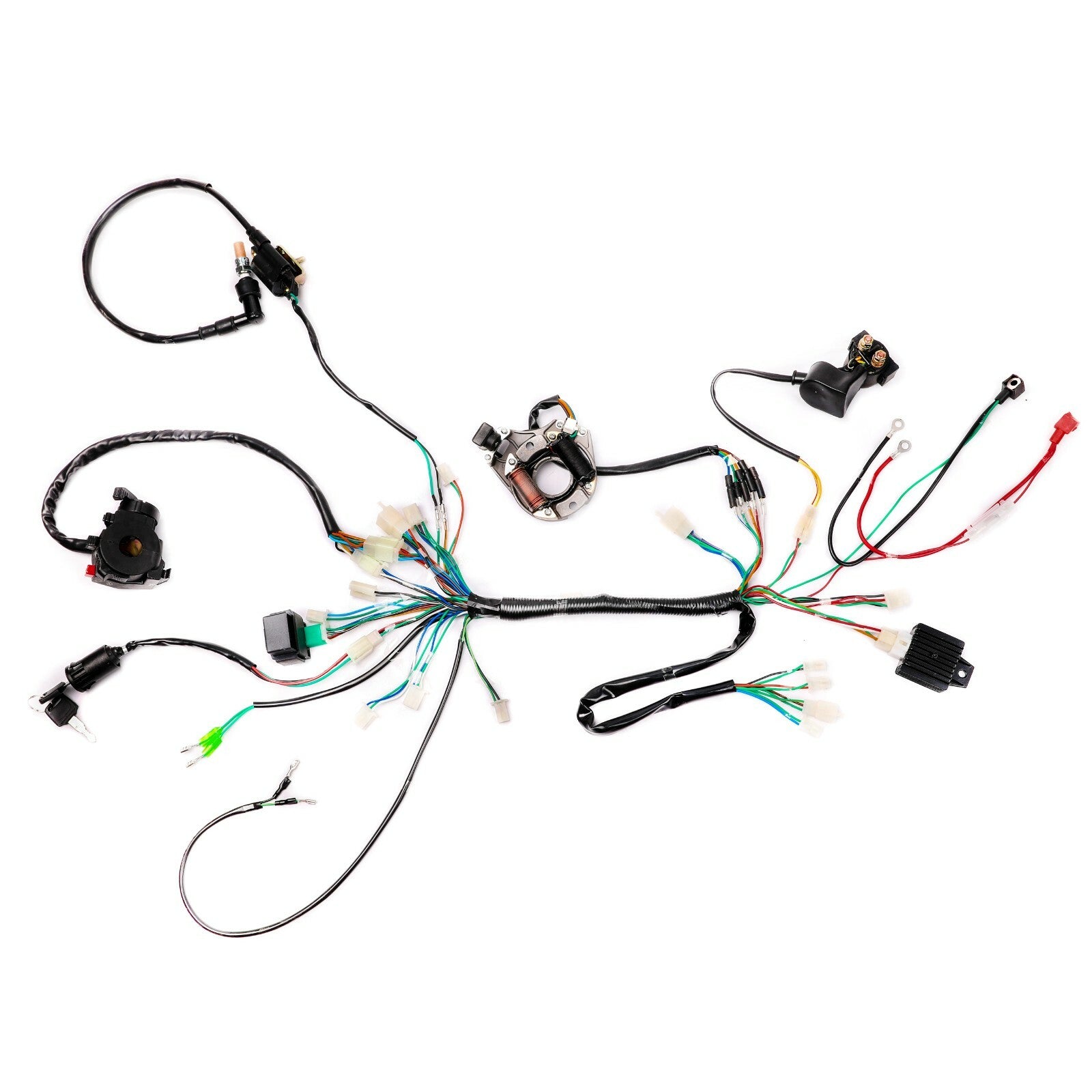 Electric start full harness light and warning flasher suitable for 50, 110, and 125cc all-terrain vehicles and four-wheelers.