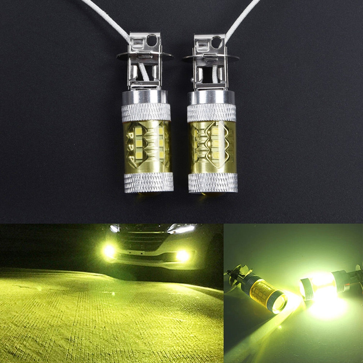 2-Piece Waterproof Car Fog LED Bulbs, Yellow High-Power 12-24V H3 80W 16