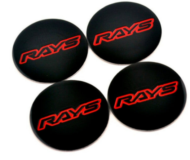 4-piece set of 60mm light badge wheel center caps, hubcaps, and rim caps - black with red chrome plating.