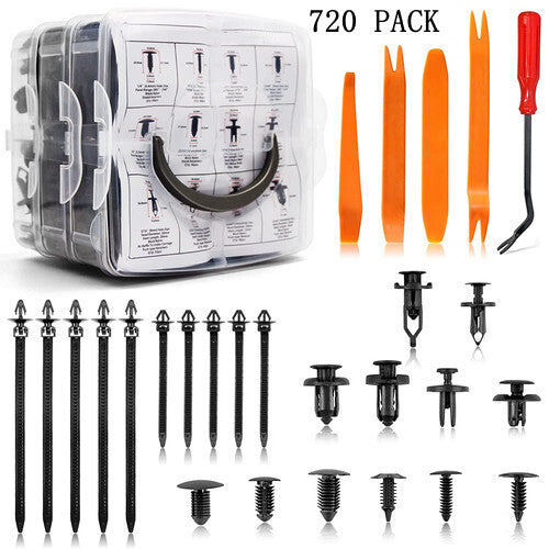 720-piece set of nylon car fasteners, push-button trim clips, rivets, and bumper kits