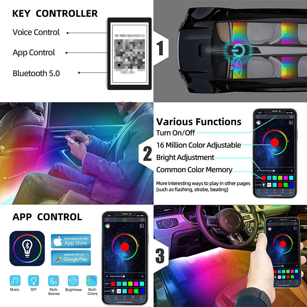 Car RGB Interior Ambient LED Strip Light Bluetooth Music Control Atmosphere Lamp