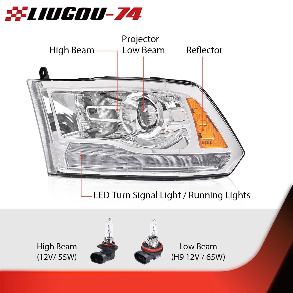 Suitable for 2013-2018 for Dodge for Ram 1500 2500 3500 chrome headlights with LED strips.
