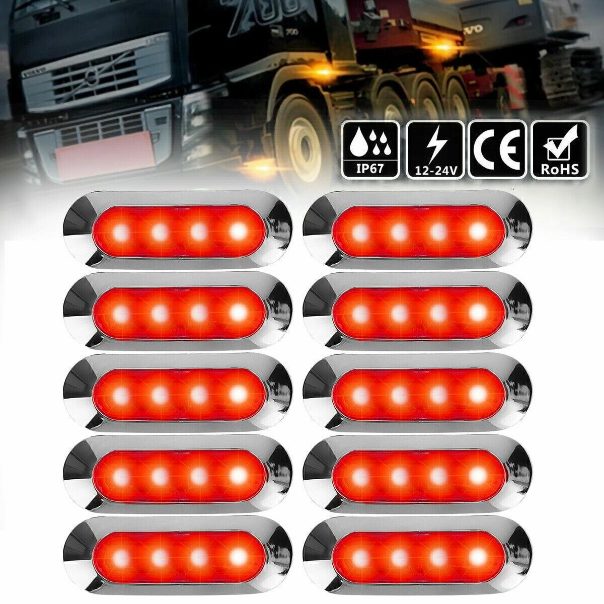 10x SMD 4-LED Red Side Marker Light Lamp Clearance Car Truck Trailer Chrome 12v
