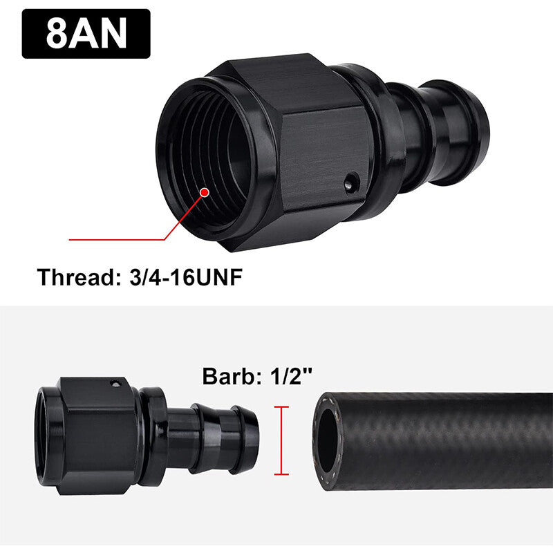 8AN AN8 Straight Push-On Hose End fittings/Adapters Push Lock Barb Black