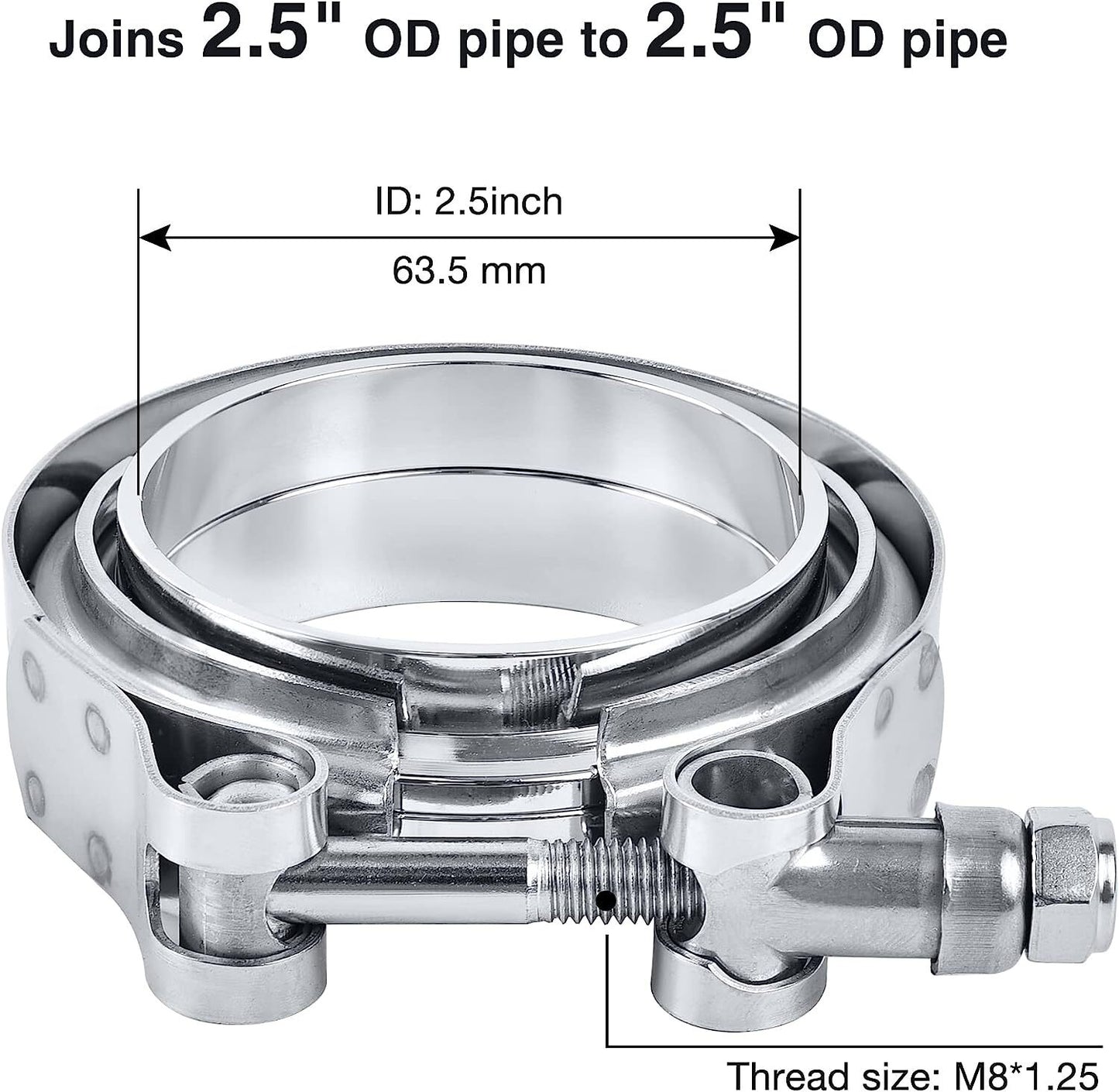 2-Piece Set of 2.5-inch V-Band Flanges and Clamps for Turbo Exhaust Pipes Made of T304 Milk Steel