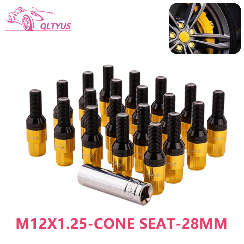 20-pack 28mm M12x1.25 wheel lug bolts, tapered for seat studs for Jeep , for Chrysler , and for Dodge gold-plated models.