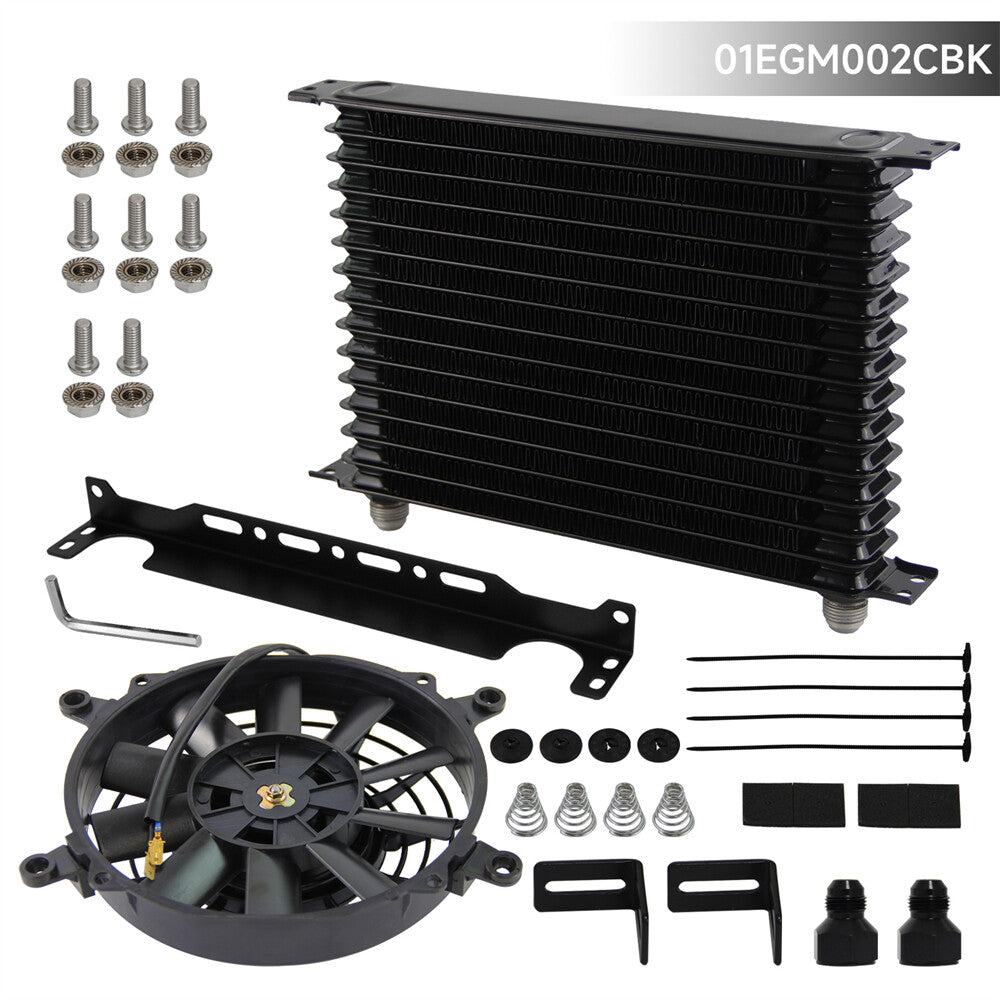 Universal 15 Row AN10 Engine Oil Cooler w/AN10 To AN8 Fittings + 7 Electric Fan
